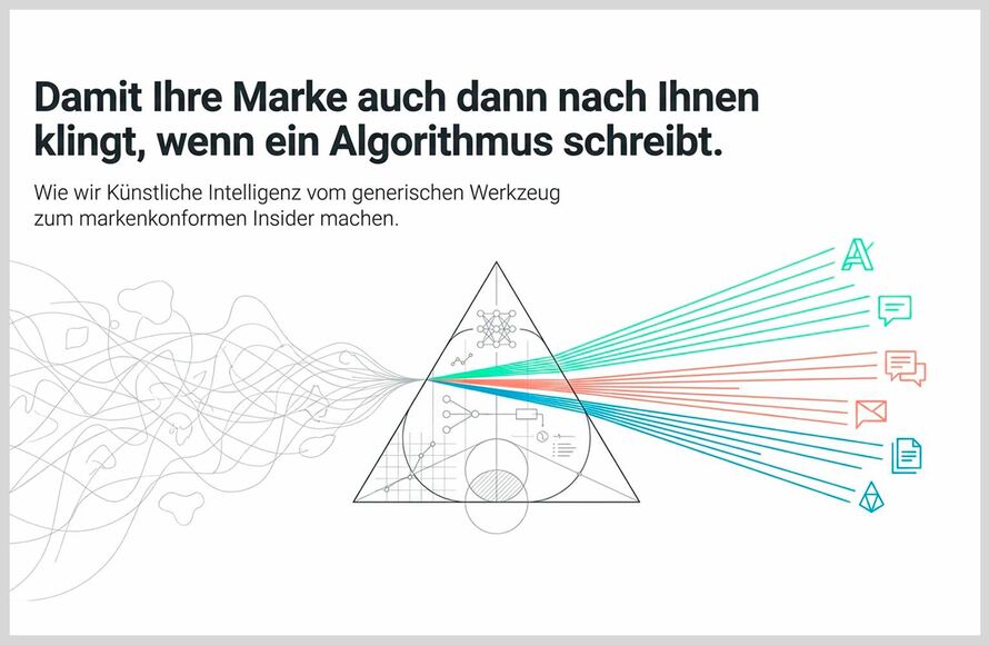 Abstrakte Grafik zu Marke, Kommunikation und KI mit vernetzten Linien, Datenpunkten und farbigen Kommunikationsströmen.