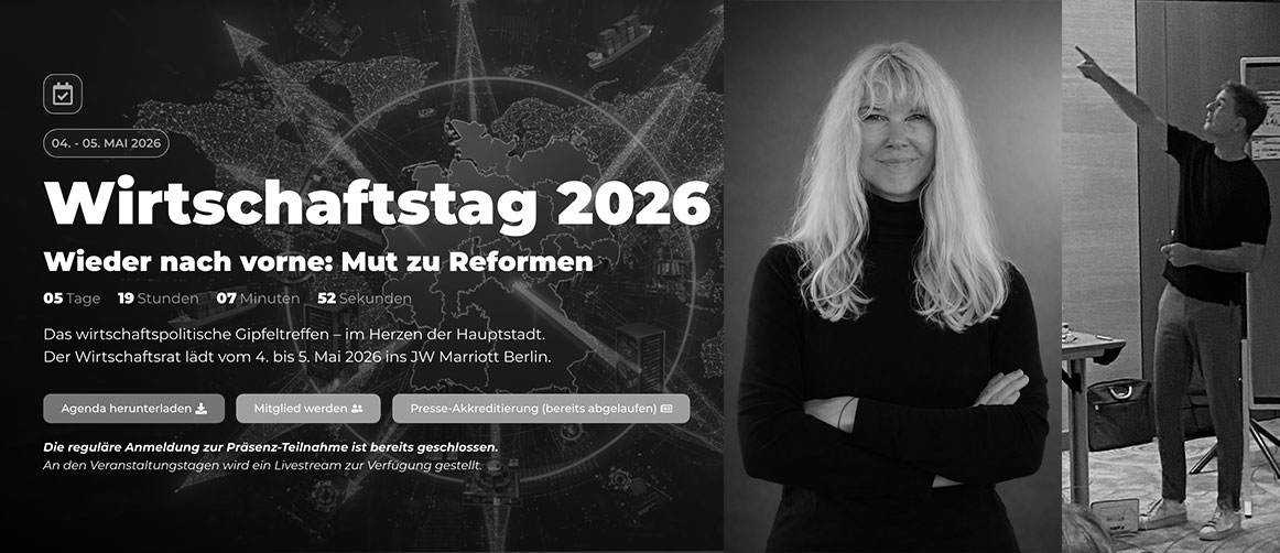 Wirtschaftstag 2026 in Berlin mit dem Motto „Wieder nach vorne: Mut zu Reformen“ sowie Porträts von Sabine und Volker Schrader im Kontext von Wirtschaft, Strategie und KI