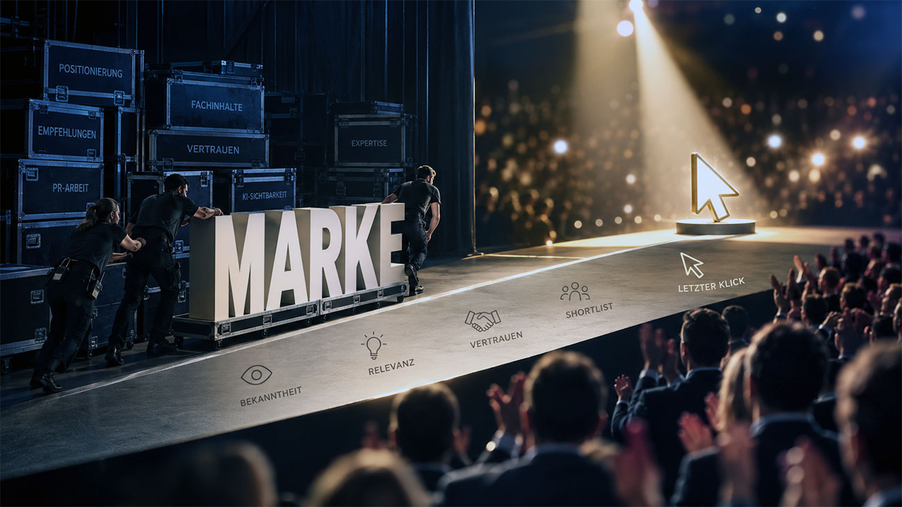 Hinter den Kulissen schieben drei Personen den Schriftzug „MARKE“ über die Bühne. Im Rampenlicht erhält ein Mauszeiger den Applaus des Publikums – als Symbol für die oft übersehene Markenwirkung im B2B.