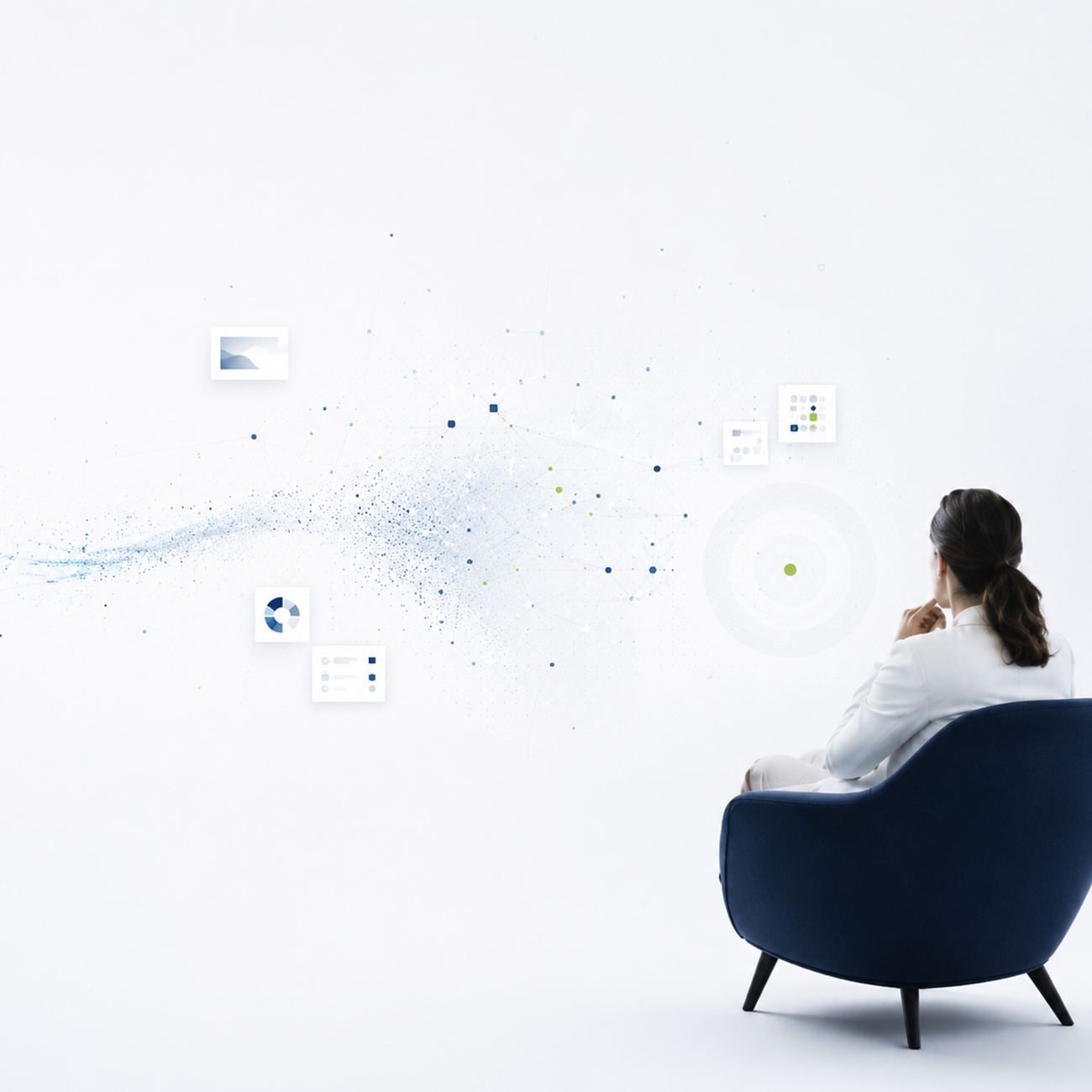 Abstrakte Visualisierung von Datenflüssen und Vernetzung im Kontext von KI und Markenkommunikation.