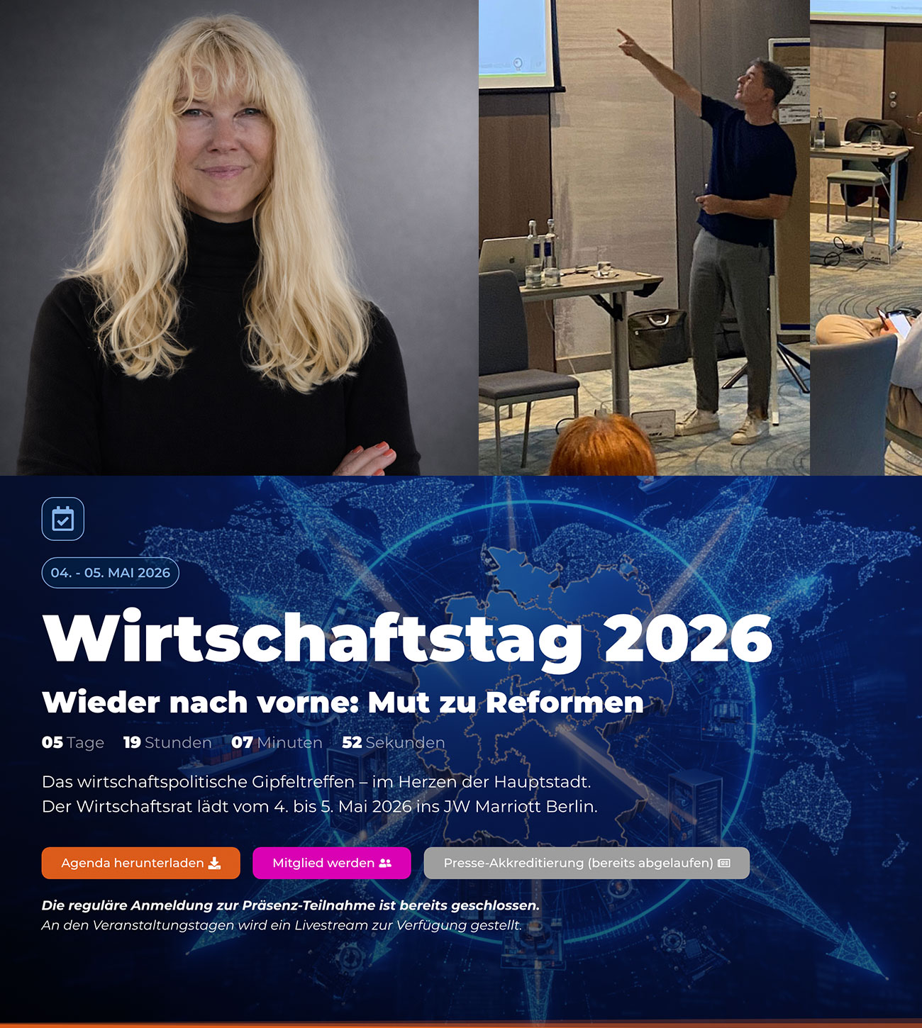 Wirtschaftstag 2026 in Berlin mit dem Motto »Wieder nach vorne: Mut zu Reformen« sowie Porträts von Sabine Schrader und Volker Schrader im Kontext von Wirtschaft, Strategie und KI