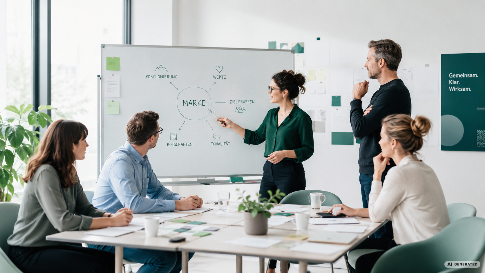 Team aus Marketing und Kommunikation entwickelt in einem Alignment-Meeting ein gemeinsames Markenbild mit Positionierung, Werten, Zielgruppen, Botschaften und Tonalität.
